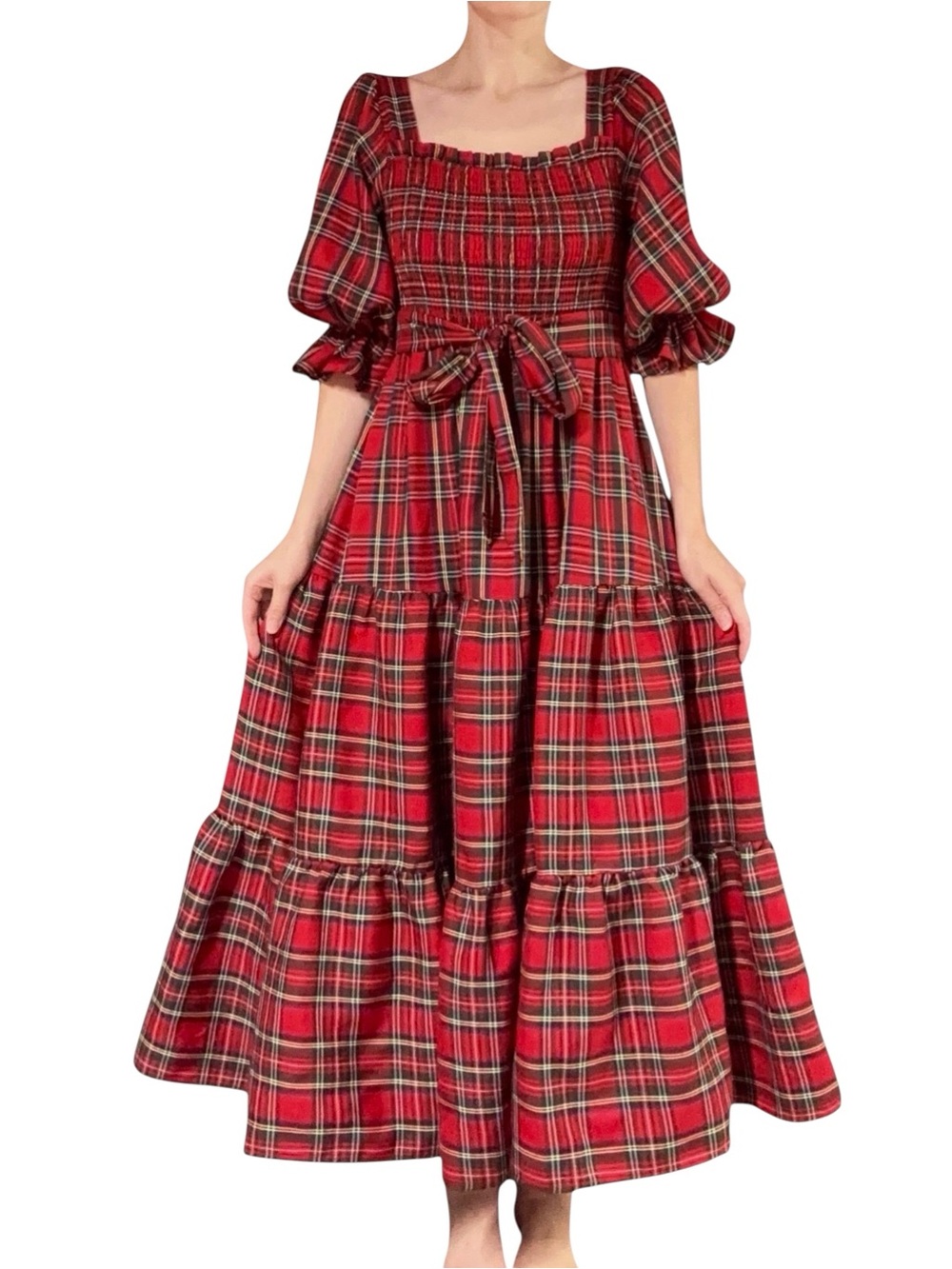 Aura | Red Plaid Puff Sleeve Christmas Holiday Maxi Dress with Tie Waist - Picture 2 of 7